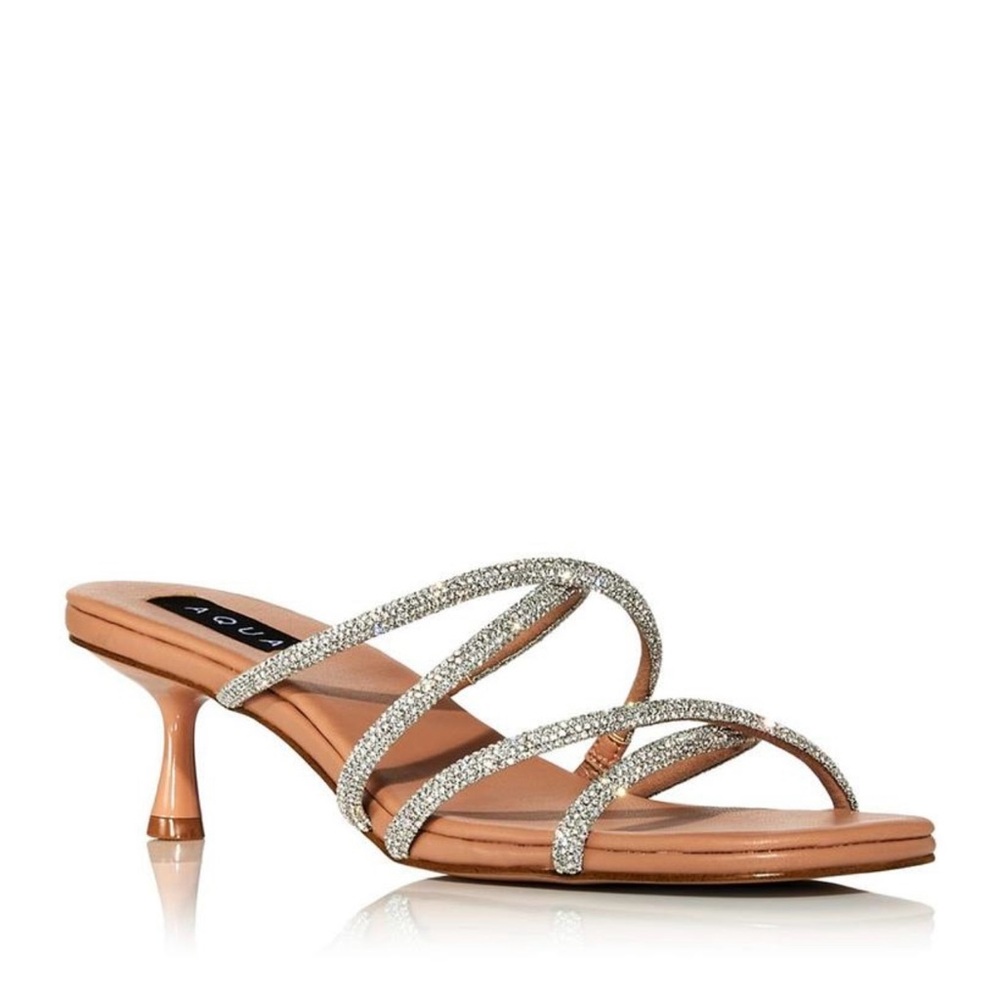 NWT Aqua BLOOMINGDALES Women's Jess Crystal Crossover Strap Mid Heel Sandals